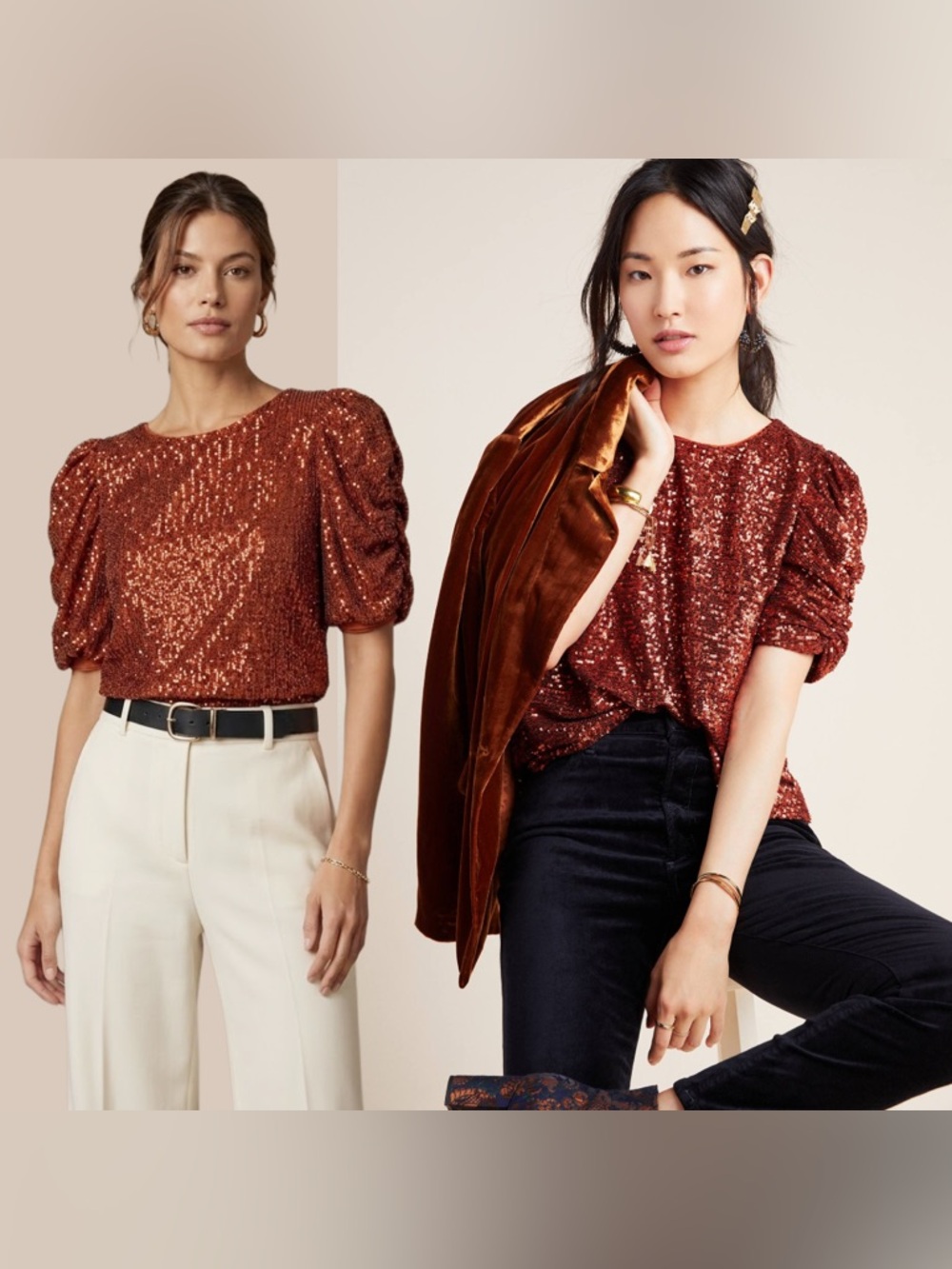 Anthropologie Copper Sequin Short Puff Sleeves Top Blouse Cocktail Party NYE 4P